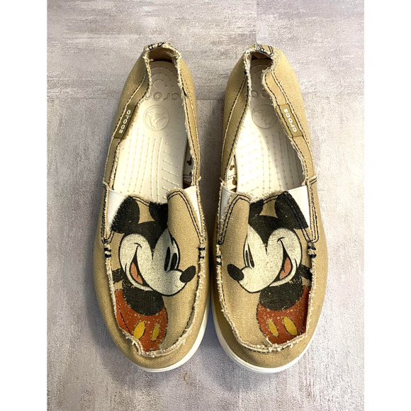 Crocs Shoes Womens Size 10 Tan Mickey Mouse Disney Slip On Canvas Loafers - Picture 2 of 12